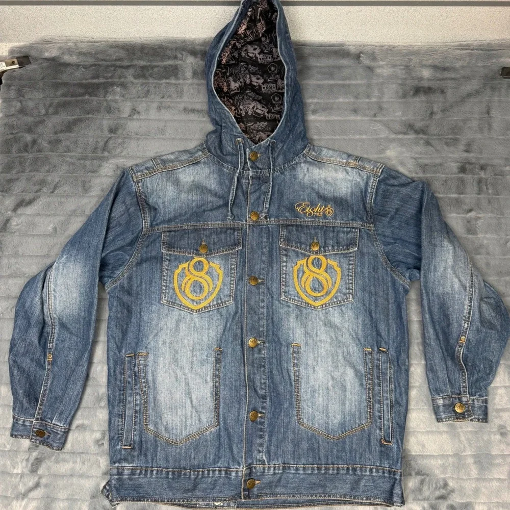 Eight 732 Motor Club Denim Hooded Jacket Mens 2XL Blue Embroidered Biker 8732